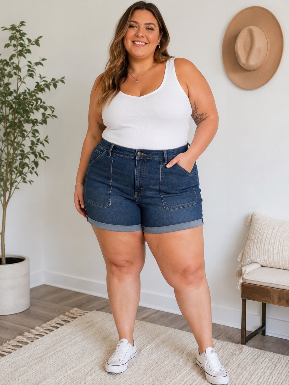 Judy Blue 150343 Womens 3XL Plus High Rise Cuffed Denim Shorts Stretch Blue